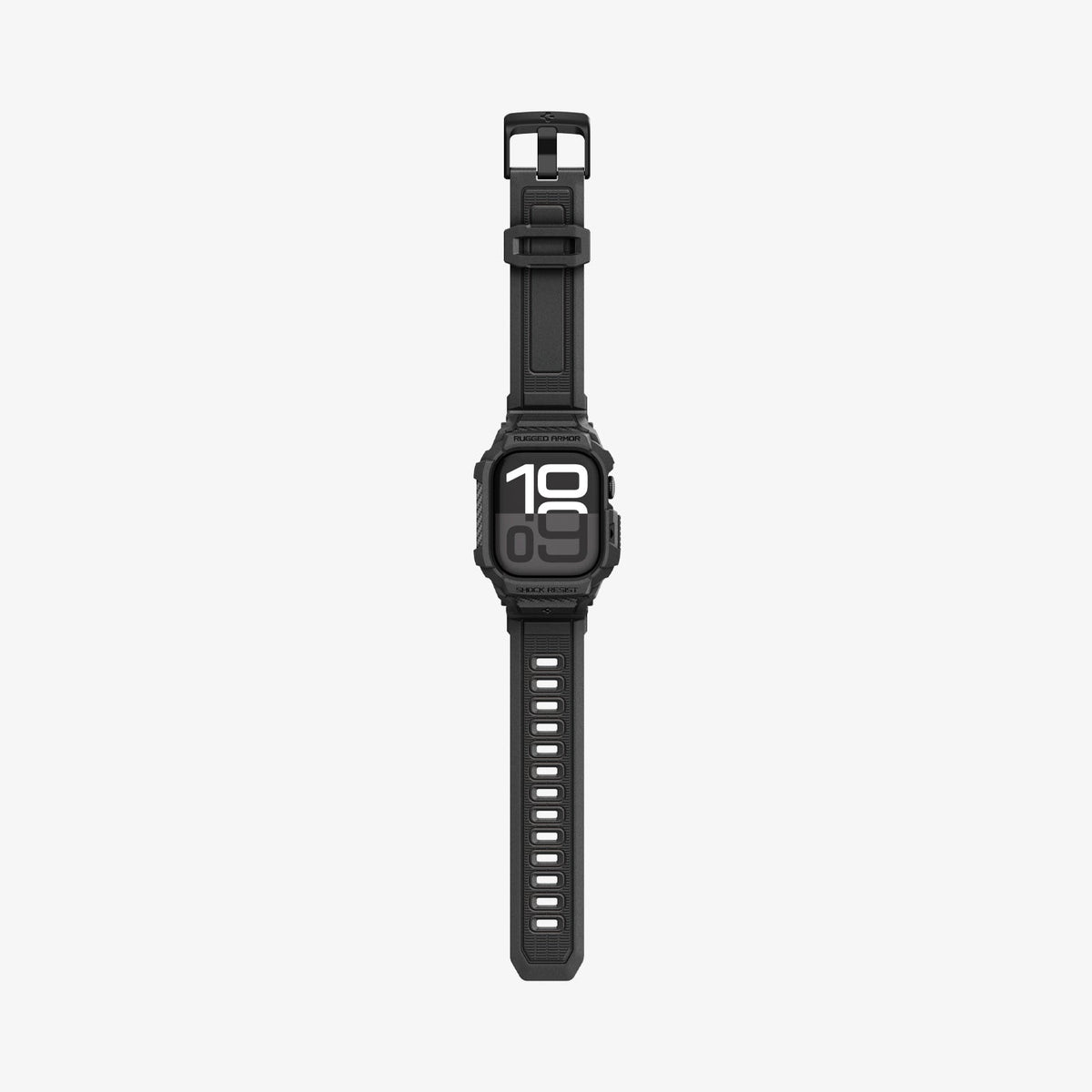 ACS10494 - Apple Watch 10/11 (42mm) Rugged Armor Pro 2 in Matte Black showing the front with watch band laid out flat