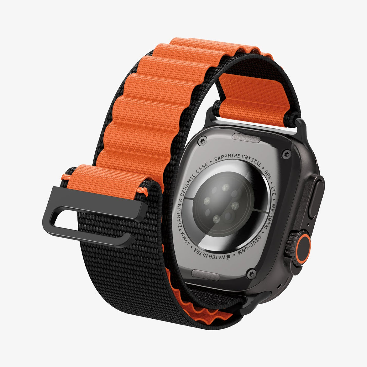 AMP10145 - Apple Watch Ultra (49mm) WBF1 in Black Orange showing the back of the watch head, back of the strap unlocked