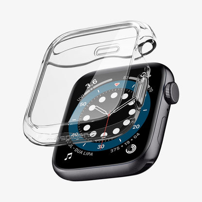 ACS00428 - Apple Watch Series (44mm) Case Ultra Hybrid in crystal clear showing the case hovering in front of watch face