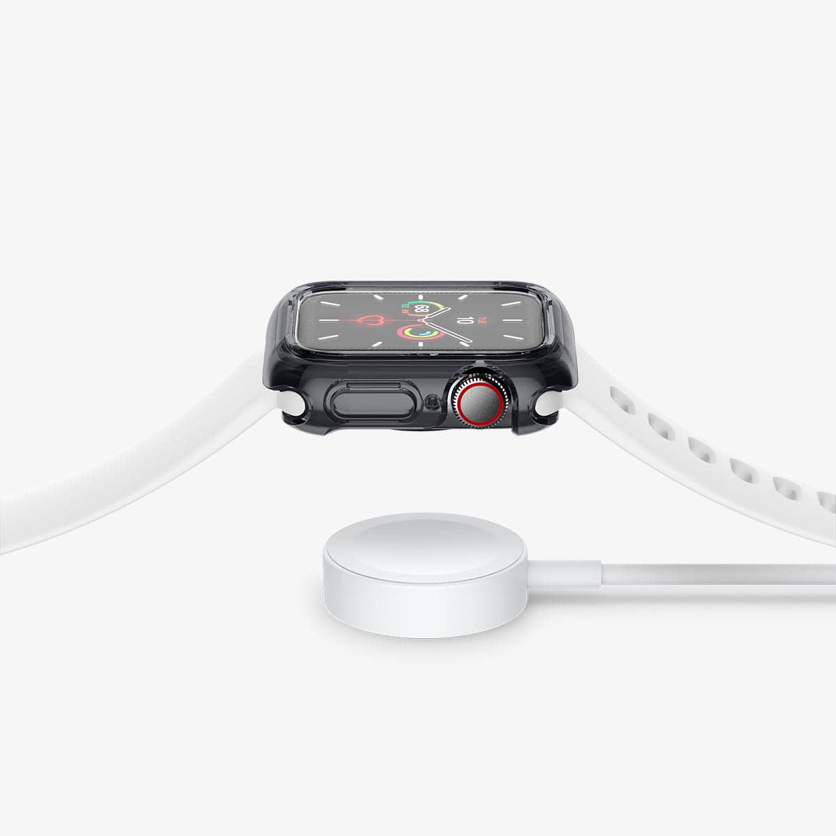 ACS01838 - Apple Watch Series (44mm) Case Ultra Hybrid in space crystal showing the side with watch hovering above the charger