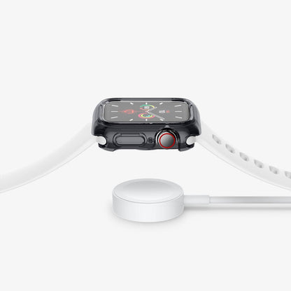 ACS01838 - Apple Watch Series (44mm) Case Ultra Hybrid in space crystal showing the side with watch hovering above the charger