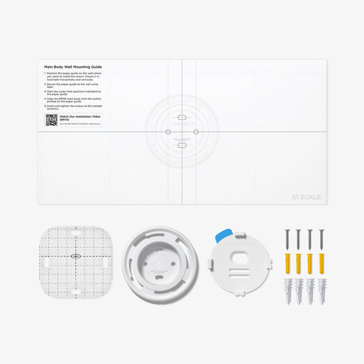 AMP09409 - Eero 6 Mount | ER110 in White showing the items inside the packaging. Mounting Guide, alignment film, bracket and screws