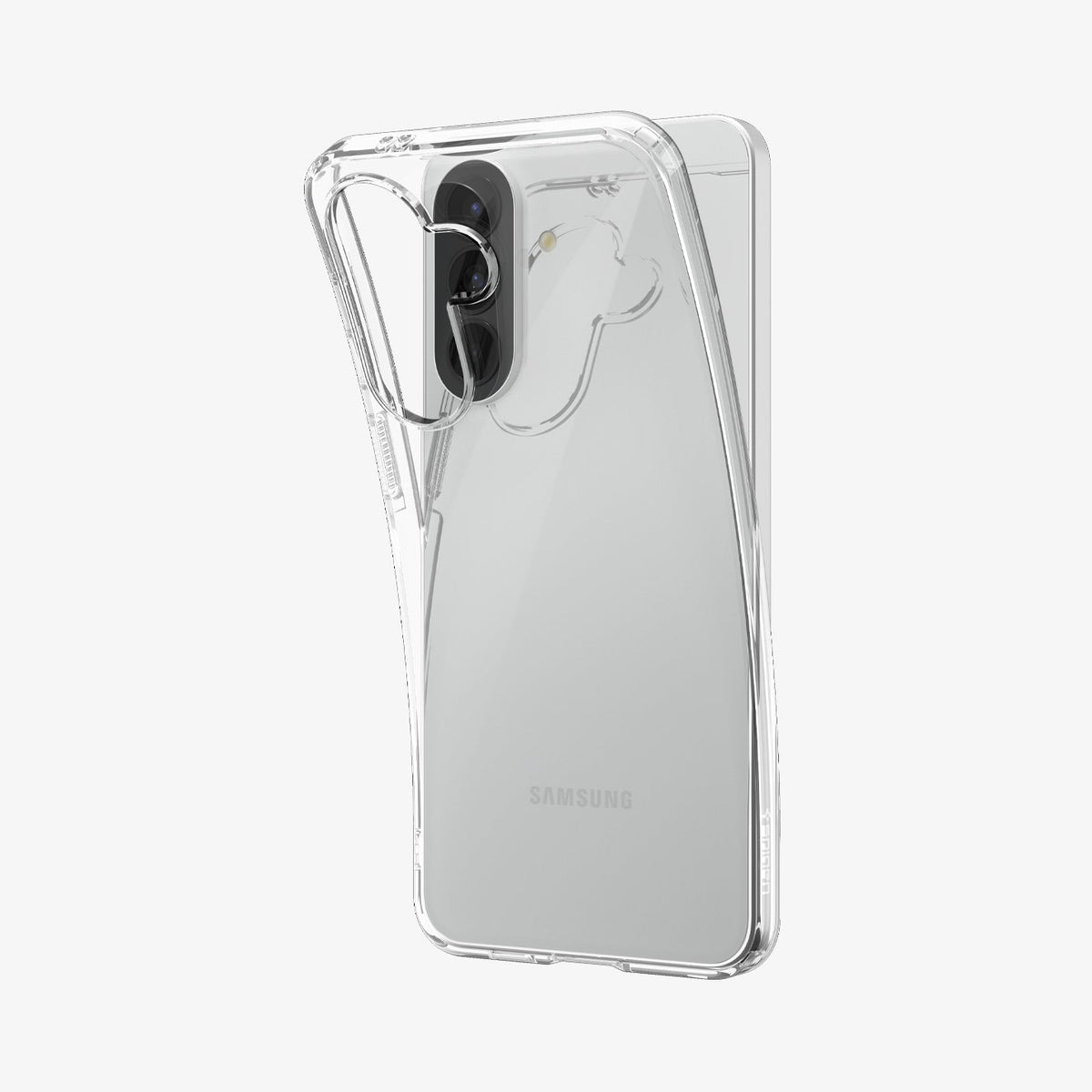 ACS11127 - Spigen Liquid Crystal Galaxy A57 5G case in Crystal Clear - angled back view showing transparent design and camera cutout