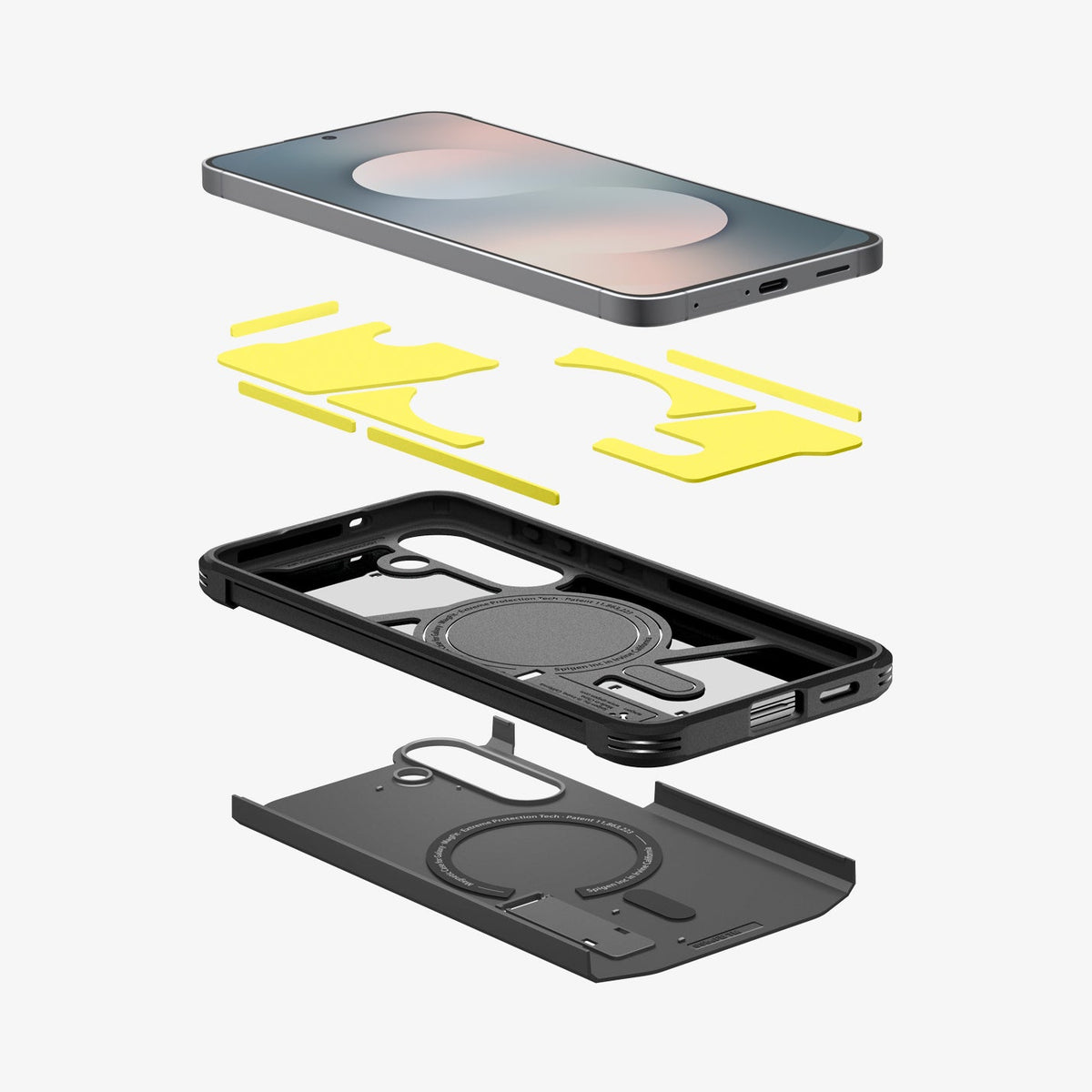 ACS10029 - Galaxy S25 FE Case Tough Armor (MagFit) in black showing the multiple layers of case hovering below the device