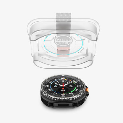 AGL09877 - Galaxy Watch 8 46mm GLAS.tR EZ Fit showing the ez fit tray and screen protector hovering above the watch face