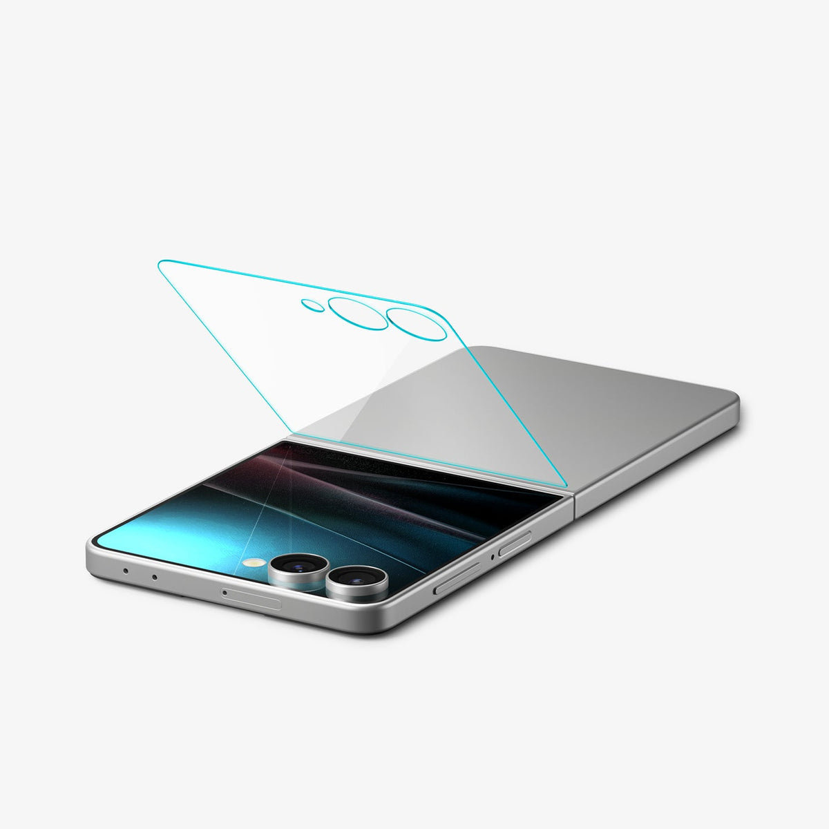 AGL09582 - Galaxy Z Flip 7 Screen Protector EZ Fit GLAS.tR showing the screen protector being installed onto device