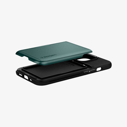 ACS04561 - iPhone 13 Pro Case Slim Armor CS in midnight green showing the back, side and bottom with card slot layer exposed
