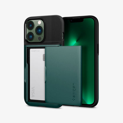 ACS04561 - iPhone 13 Pro Case Slim Armor CS in midnight green showing the back and front with card in slot