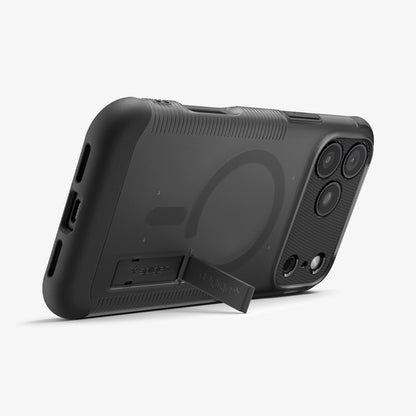 ACS09684 - iPhone 17 Pro Slim Armor (MagFit) in Frost Black showing the back, partial side and bottom, propped up with a built-in kickstand