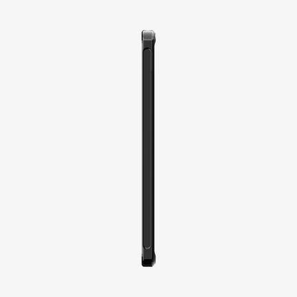 ACS11624 - Side profile of the frost black Spigen Ultra Hybrid case on an iPad Mini, showing the slim edge and volume button cutouts