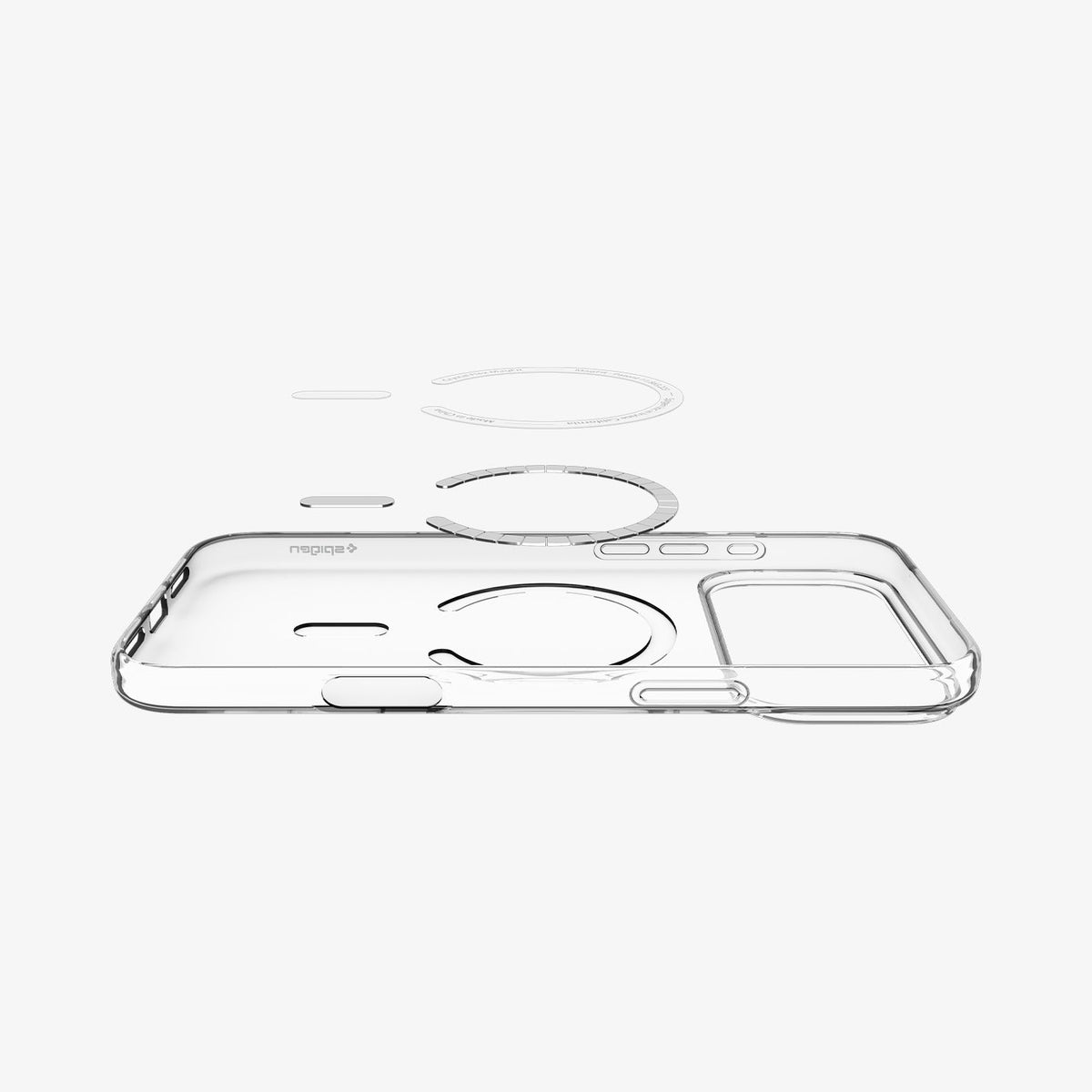 ACS09630 - iPhone 17 Pro Crystal Flex (MagFit) in Clear White showing the front of soft inner layer hovering above the magsafe magnet plate and the case