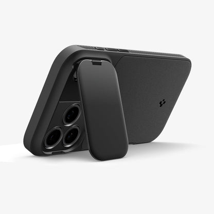 ACS09953 - iPhone 17 Pro Series Case Optik Armor (MagFit) in black showing the back with device propped up by camera lens