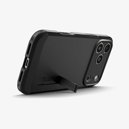 ACS09897 - iPhone 18 Pro Max / iPhone 17 Pro Max Tough Armor T Mag Fit Black showing the kickstand supporting the case in landscape orientation