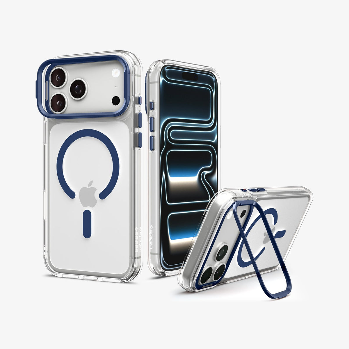 ACS11922 - iPhone 18 Pro / iPhone 17 Pro Ultra Hybrid Optik S (Mag Fit) Clear Deep Blue showing multiple views of a clear case with a built-in camera ring stand and magnetic back design