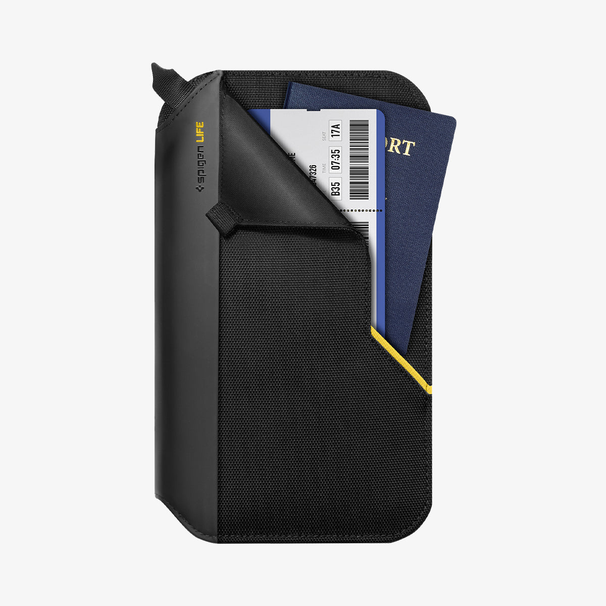 AFA07574 - Klasden Passport Organizer KD500 in Black showing the front, partially open with ticket and passport inside