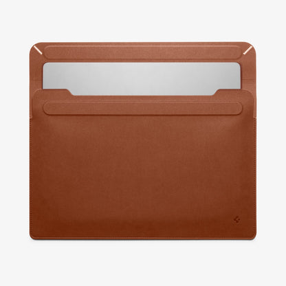 AFA06419 - MacBook Pro 16-inch Valentinus Laptop Pouch in Classic Brown partially opened revealing laptop sticking out
