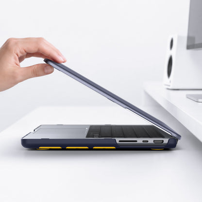ACS11274 - MacBook Pro 16-inch Nano Pop Blueberry Navy showing the laptop case opening with precise side cutouts for easy port access