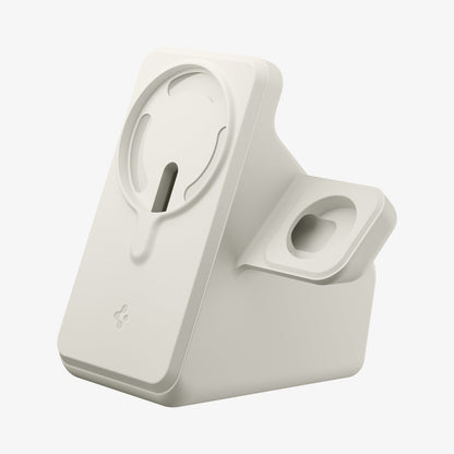 AMP09173 - Magsafe Duo Charger Stand (Mag Fit) in Dune Beige showing the front and partial side of charger stand for phone and watch