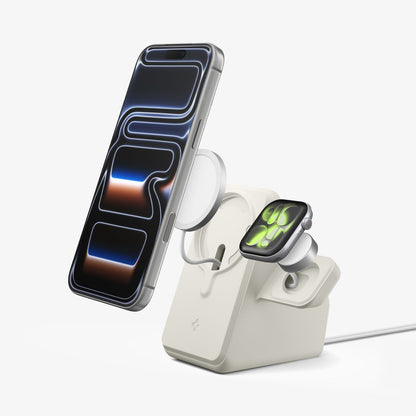 AMP09173 - Magsafe Duo Charger Stand (Mag Fit) in Dune Beige showing the phone and watch hovering in front of the MagSafe charger, partially detached from the charging stand.