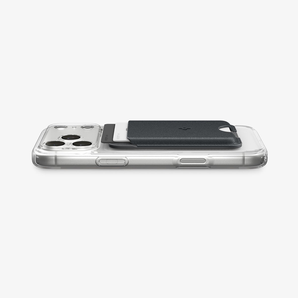 AFA06997 - MagSafe Card Holder Nano Pop (Mag Fit) in Black Sesame showing the partial front and side, attached to the back of the device