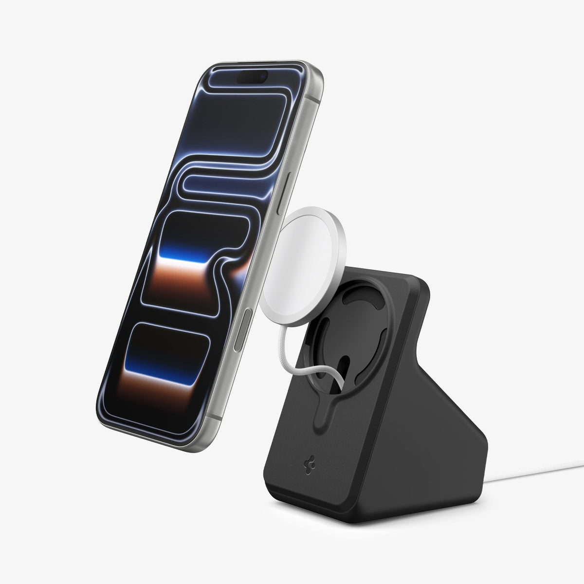 AMP09170 - Magsafe Charger Stand (Mag Fit) in Black showing the device hovering in front of the magsafe charger stand, while magnet partially detached from the stand
