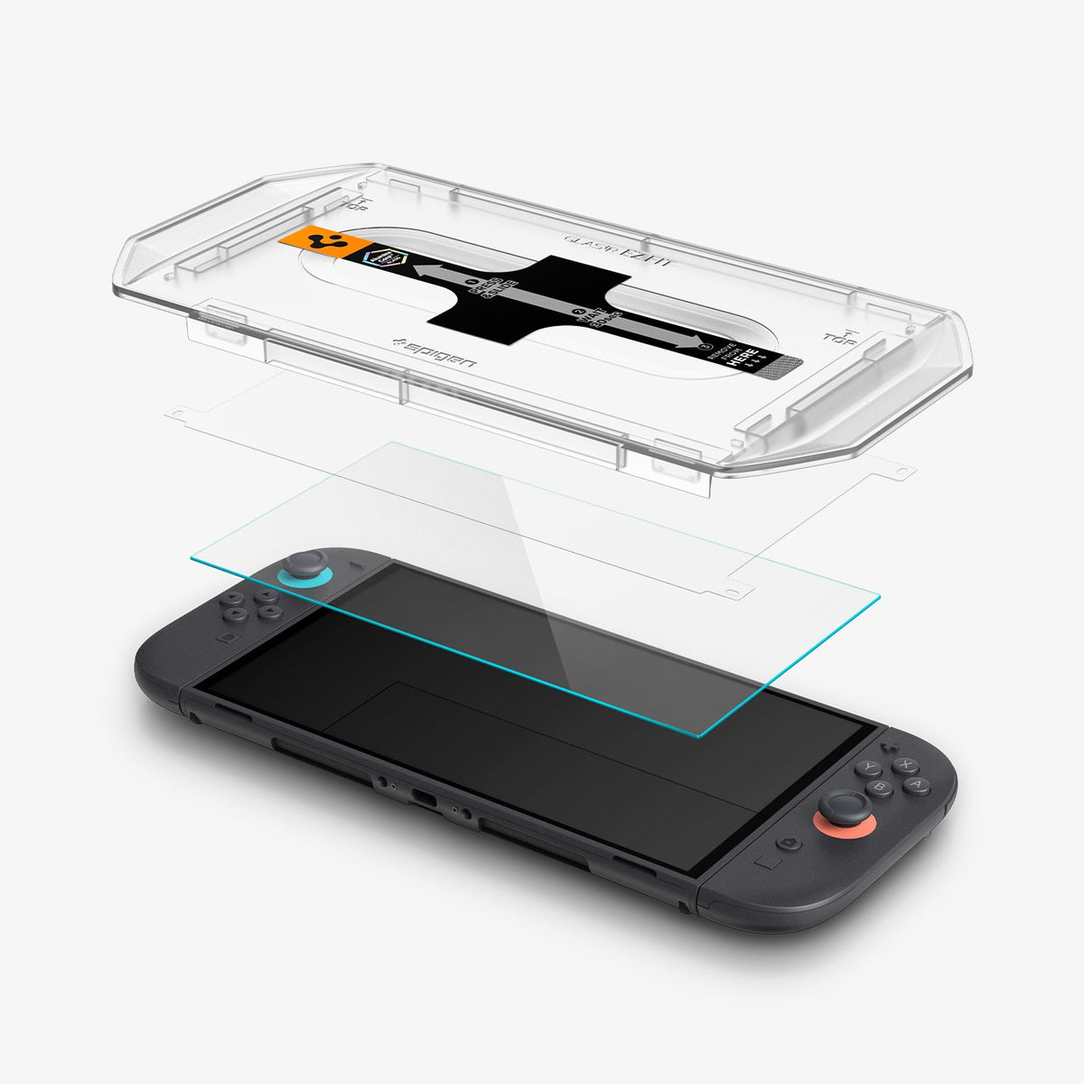 AGL10156 - Nintendo Switch 2 GLAS.tR EZ Fit in Clear showing the installation tray, hovering above the film strip, screen protector and the device