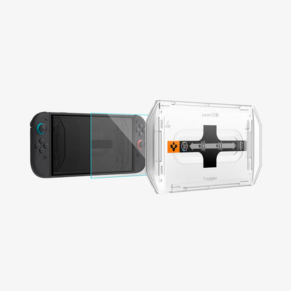 AGL10156 - Nintendo Switch 2 GLAS.tR EZ Fit in Clear showing the front of installation tray hovering in front of the screen protector and the device