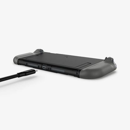 ACS10206 - Nintendo Switch 2 Case Nano Pop in Black Sesame showing the partial back, bottom and side with charging cable ready to plug in