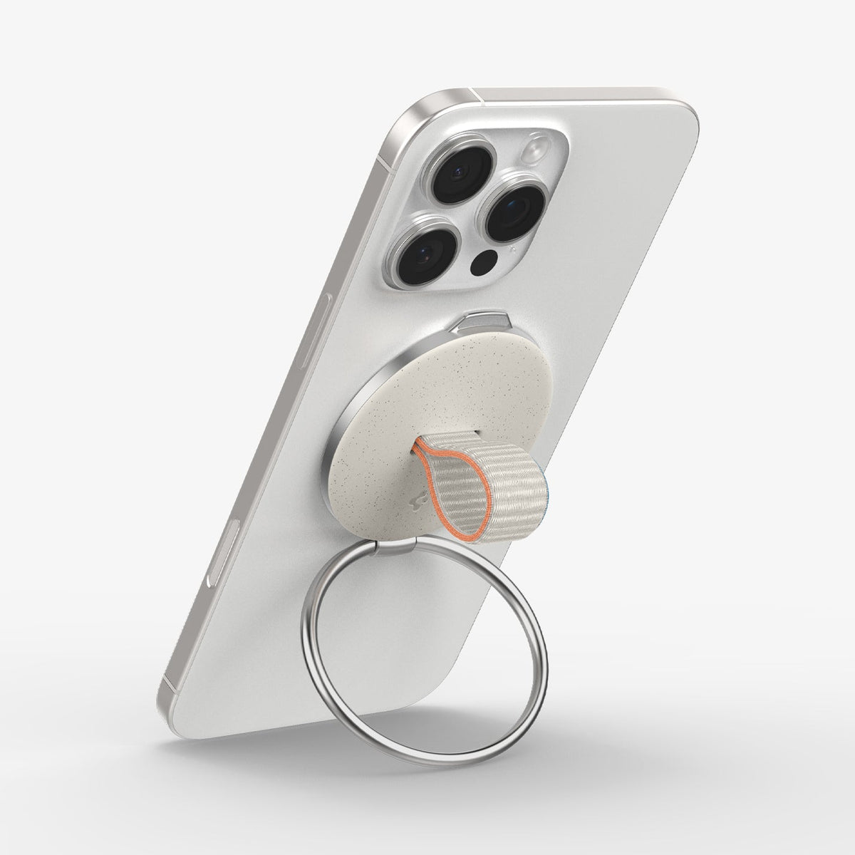 AMP09176 - O-Mag Magnetic Phone Holder (MagFit) OM104 in Dune Beige showing the back, top and side of the device, o-mag ring attached to the device showing it's partial side, ring propped up as a kickstand