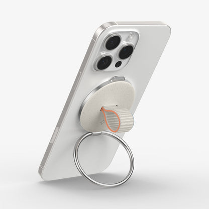 AMP09176 - O-Mag Magnetic Phone Holder (MagFit) OM104 in Dune Beige showing the back, top and side of the device, o-mag ring attached to the device showing it's partial side, ring propped up as a kickstand