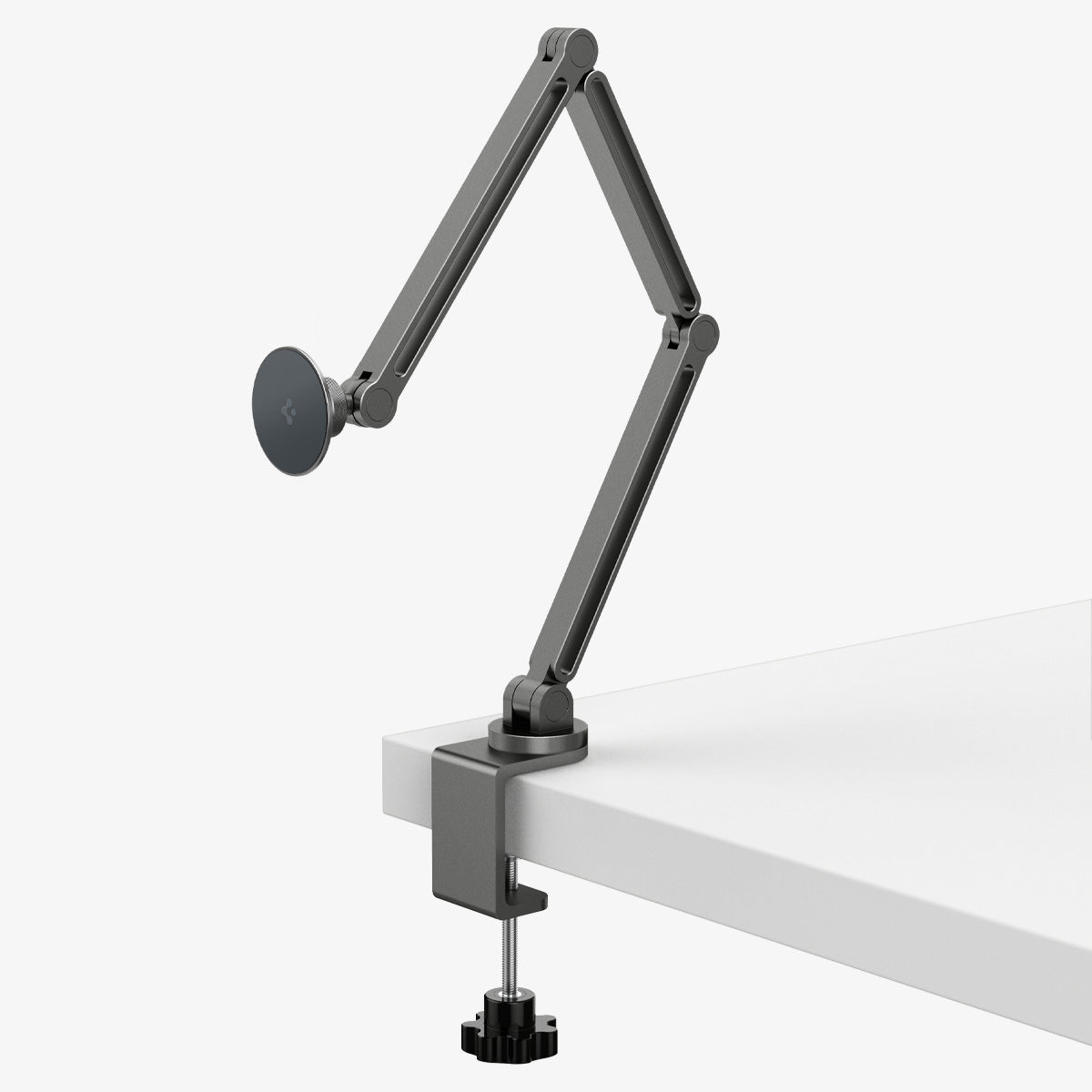 AMP09694 - Phone OneTap Clamp (MagFit) in Space Gray showing the front and side attached to the side of the table