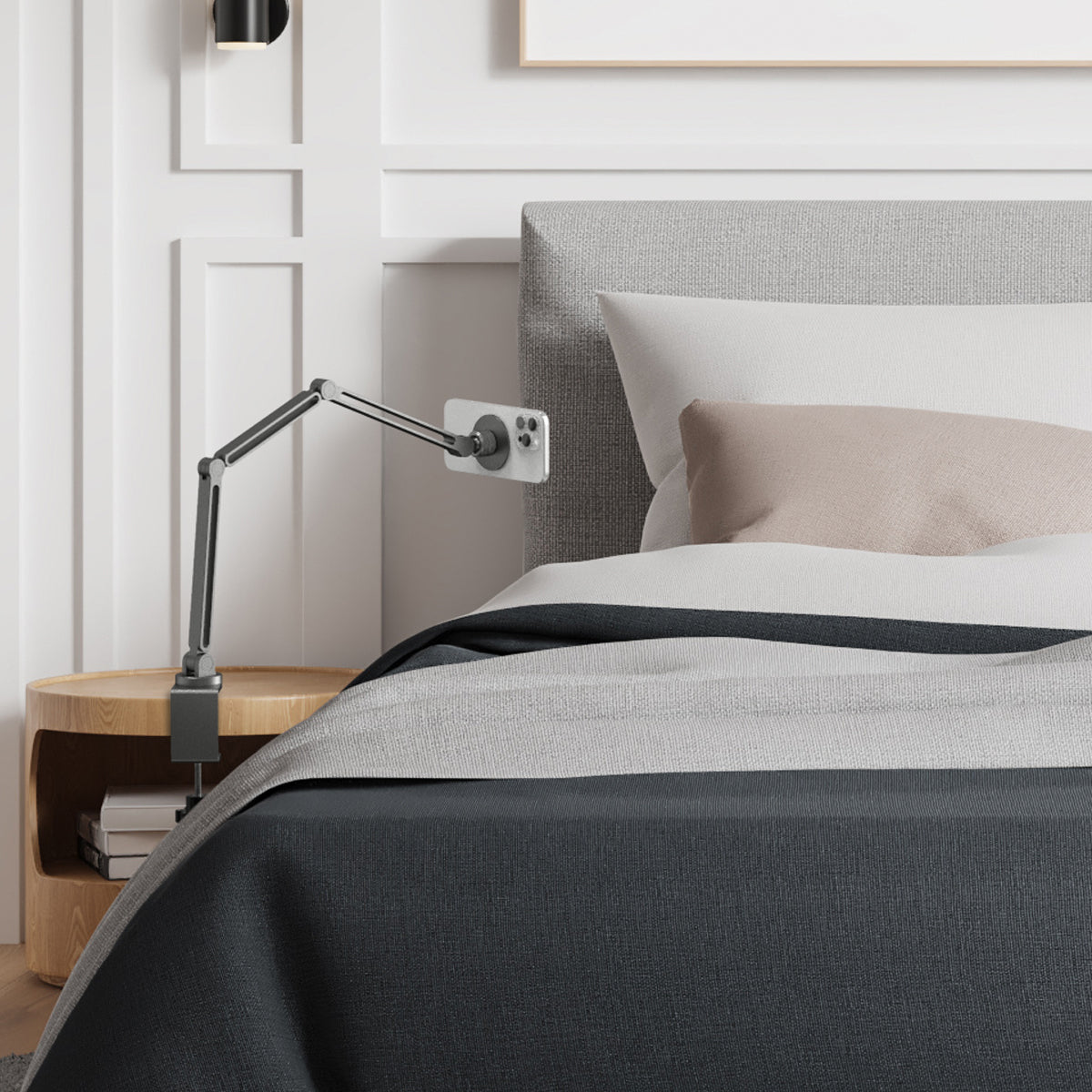 AMP09694 - Phone OneTap Clamp (MagFit) in Space Gray showing the attached beside the bed