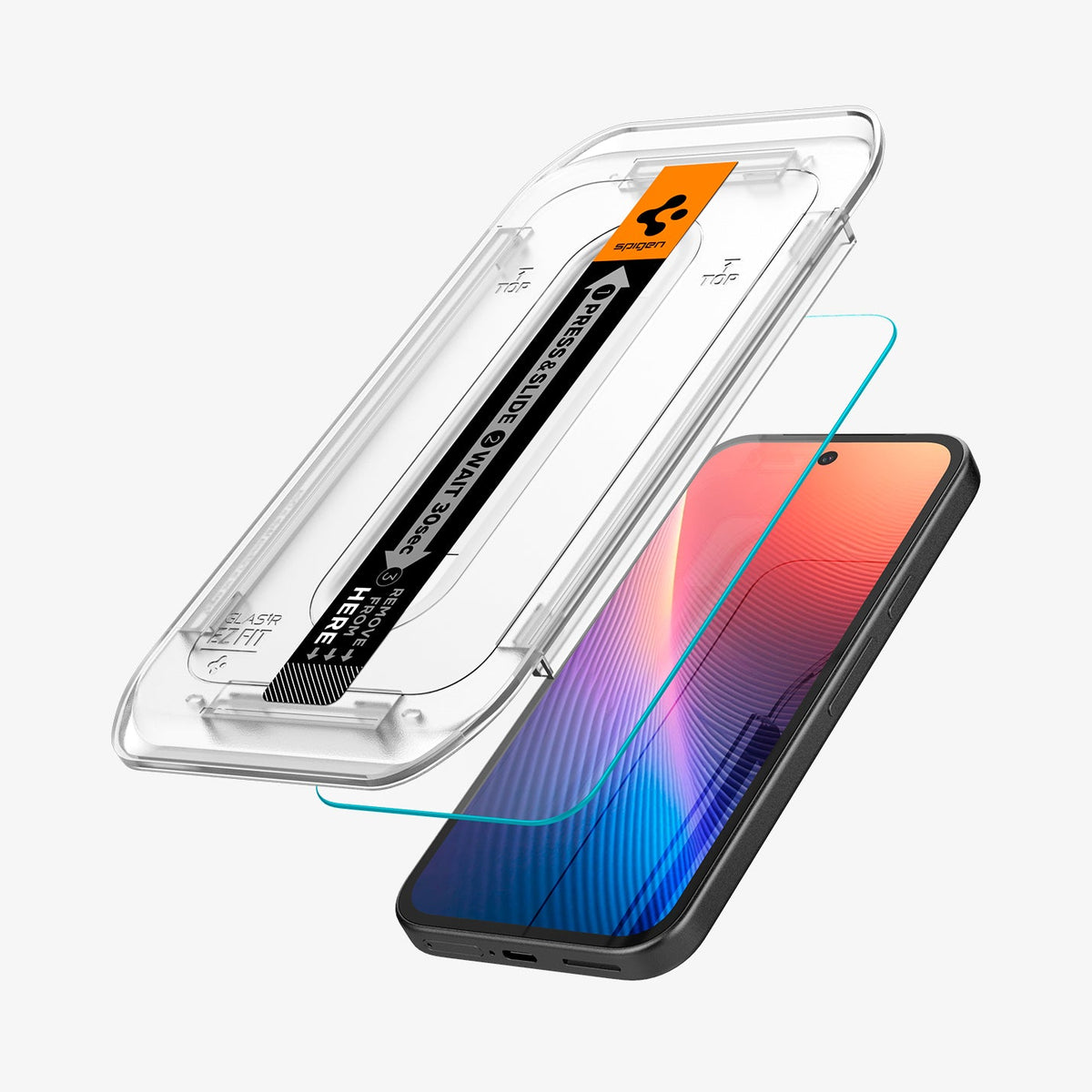 AGL08938 - Pixel 9a GLAS.tR EZ Fit in Clear showing the front of the tray hovering above the screen protection and the device