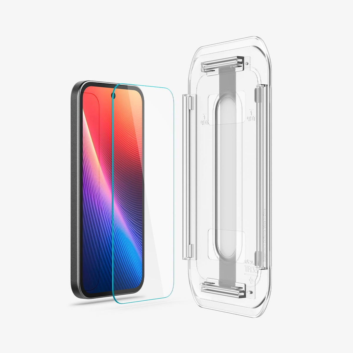 AGL08938 - Pixel 9a GLAS.tR EZ Fit in Clear showing the inner of the tray, screen protector in front of the device