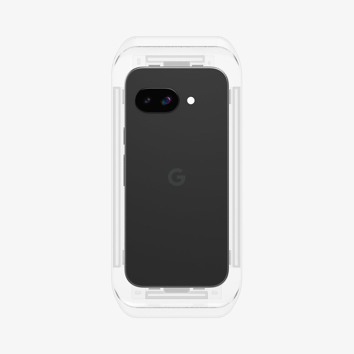 AGL08938 - Pixel 9a GLAS.tR EZ Fit in Clear showing the back of the device with tray attached in front partially showing its sides