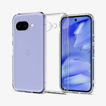 ACS09042 - Pixel 9a Case Ultra Hybrid in Crystal Clear showing the back, partial front and sides, case without device in the middle.