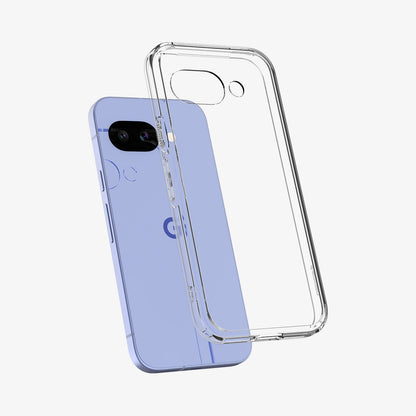 ACS09042 - Pixel 9a Case Ultra Hybrid in Crystal Clear showing the back, partial side hovering in front of the device