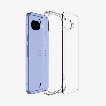 ACS09042 - Pixel 9a Case Ultra Hybrid in Crystal Clear showing the back layer, detached from the tpu frame hovering in front of the device