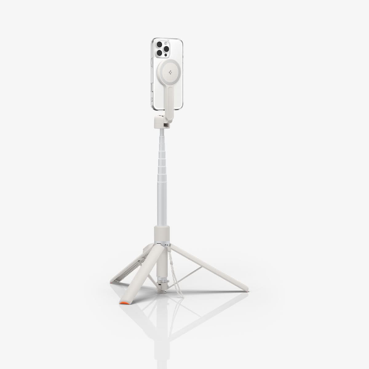 AMP09535 - s581w selfie stick magfit in dune beige showing the back with a device attached to a selfie stick