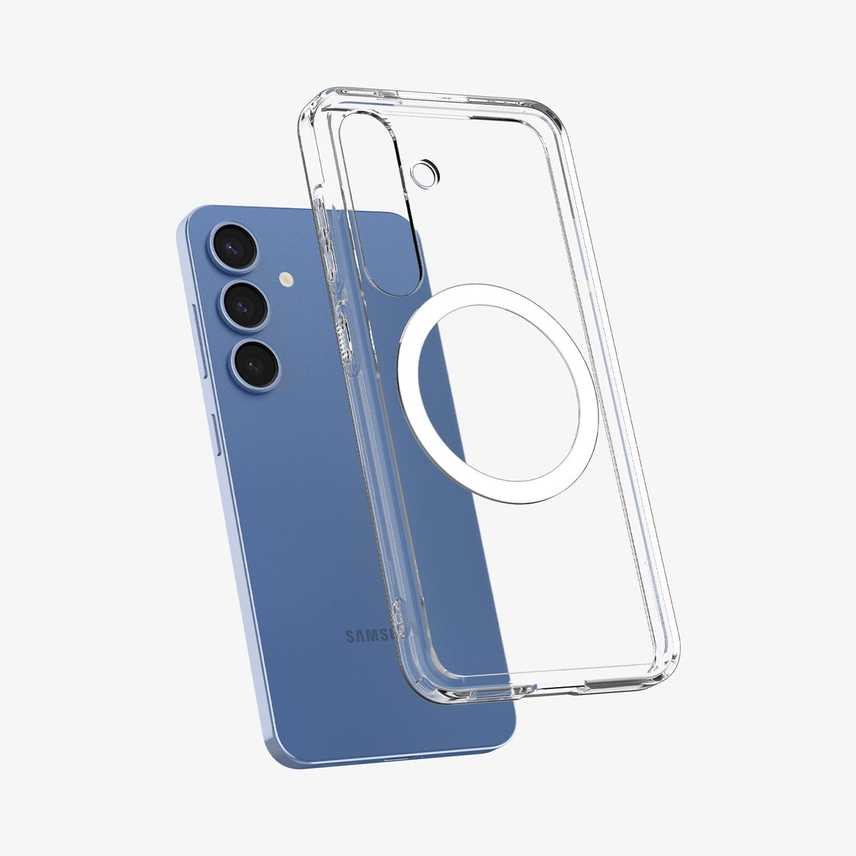 ACS09002 - Galaxy S25 Case Ultra Hybrid Metal Ring (MagFit) in Clear White showing the back, partial side and bottom hovering in front of the device