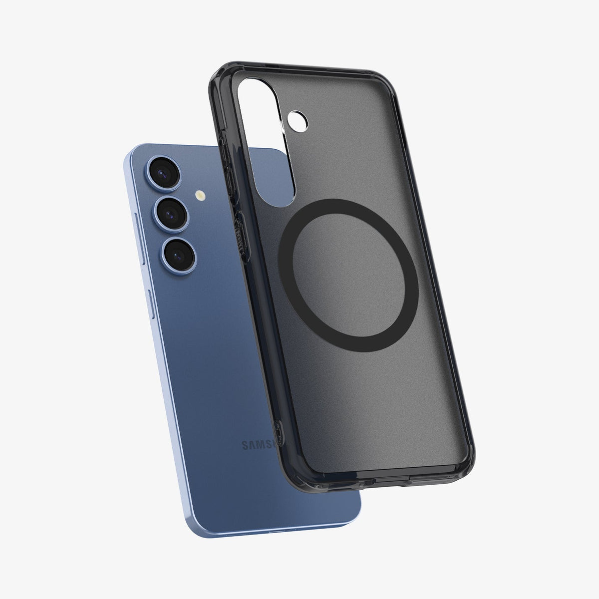 ACS09005 - Galaxy S25 Case Ultra Hybrid Metal Ring (MagFit) in Frost Black showing the back, partial side and bottom hovering in front of the device