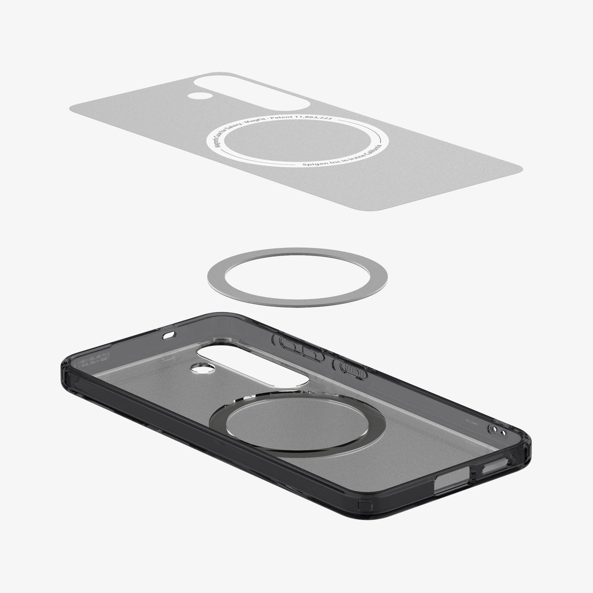 ACS09005 - Galaxy S25 Case Ultra Hybrid Metal Ring (MagFit) in Frost Black showing the inner layer hovering above the detached magring and the case