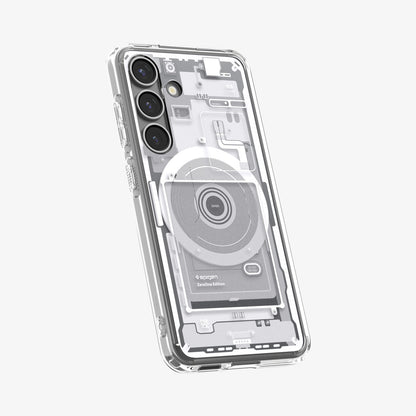 ACS09004 - Galaxy S25 Case Ultra Hybrid Metal Ring Zero One (MagFit) in Zero One White showing the back, partial side and bottom