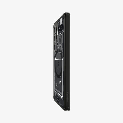 ACS08957 - Galaxy S25 Ultra Case Ultra Hybrid Metal Ring Zero One (MagFit) in Zero One Black showing the partial back and side
