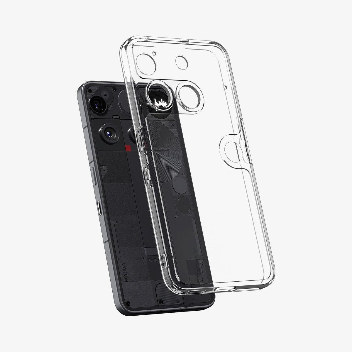 ACS08567 - Nothing Phone (3) Case Ultra Hybrid in Crystal Clear showing the back and partial side, hovering in front of the device
