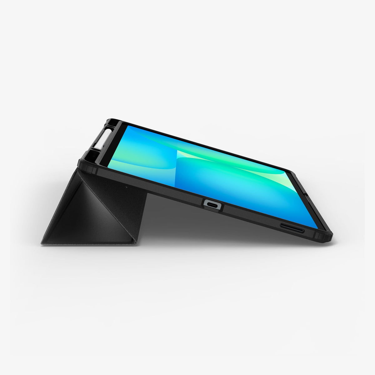 ACS09446 - Galaxy Tab S10 FE+ Case Ultra Hybrid Pro in Black showing the partial front and side with front cover converted into stand