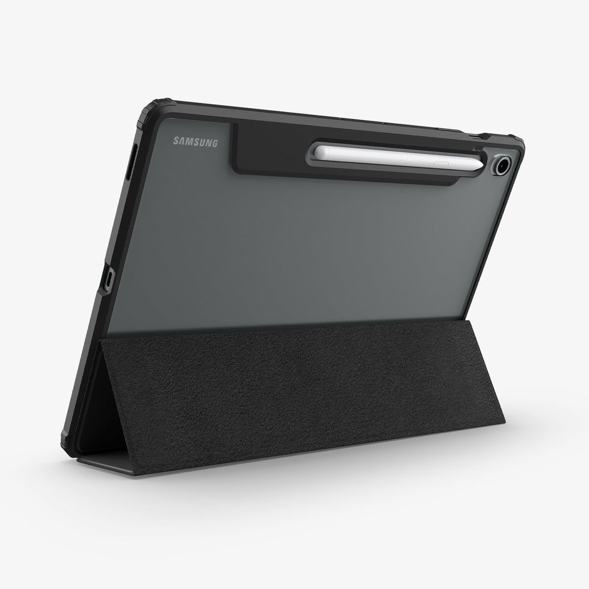 ACS09446 - Galaxy Tab S10 FE+ Case Ultra Hybrid Pro in Black showing the back and partial top and side with front cover converted into stand and S pen attached at the back