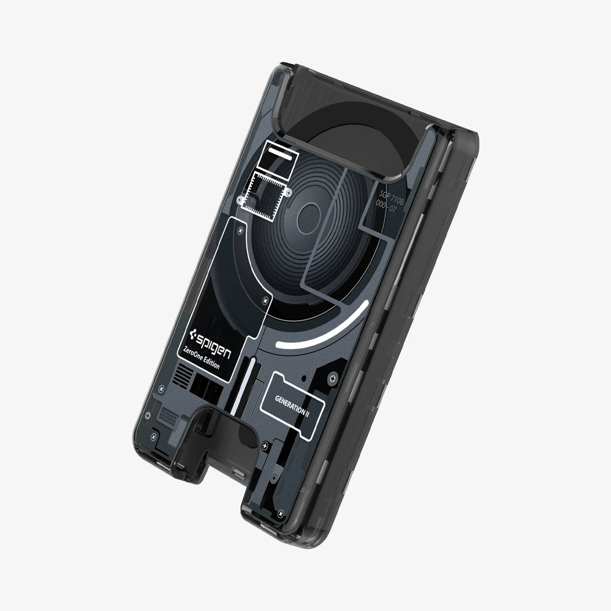 AFA11304 - Ultra Hybrid MagFit card wallet transparent black angled view showcasing Zero One Edition internal circuitry design and slim profile