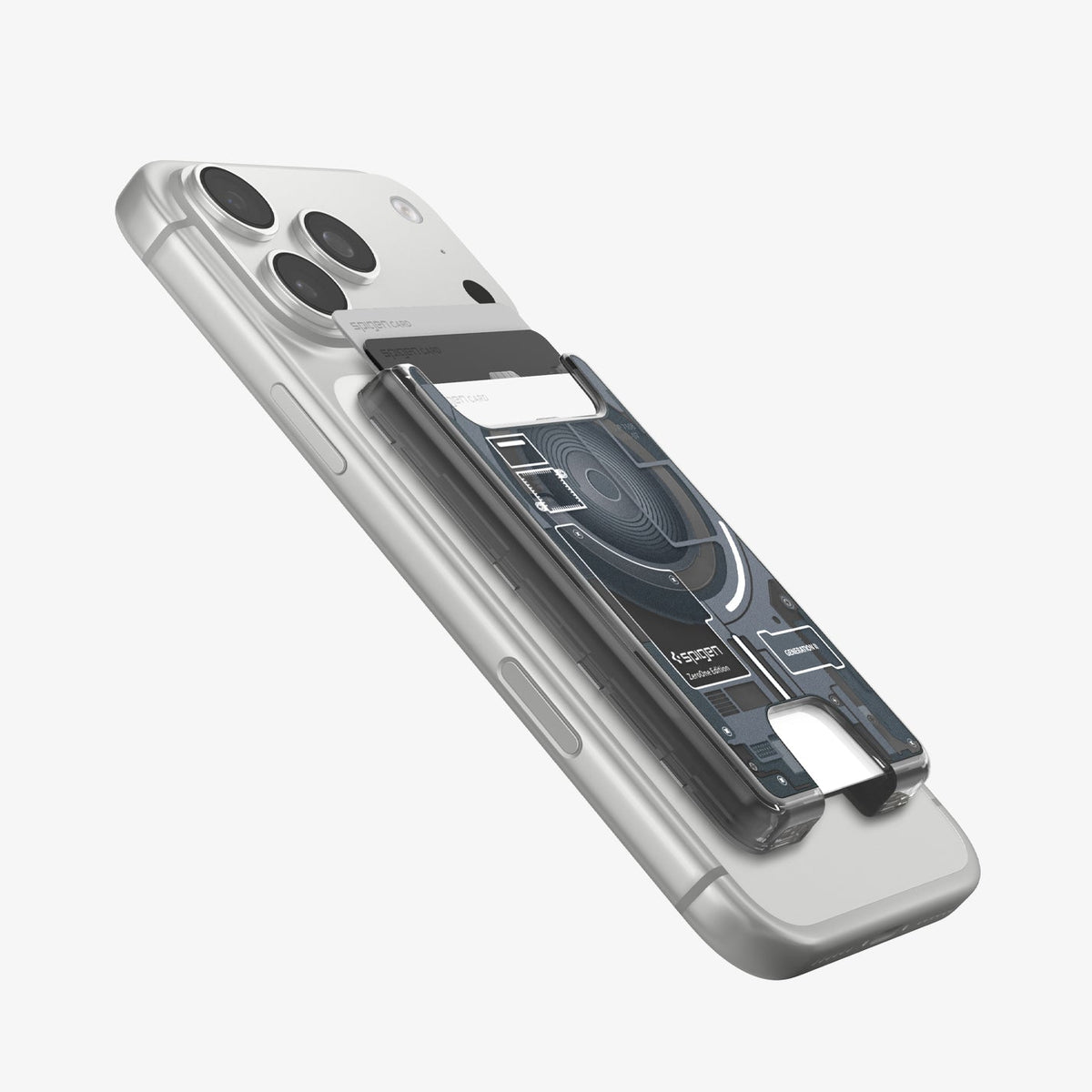 AFA11304 - Ultra Hybrid MagFit card wallet transparent black attached to iPhone at angled side view showing slim profile raised card slot and visible circuit inspired internal design