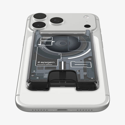 AFA11304 - Ultra Hybrid MagFit card wallet transparent black mounted on iPhone back view showing centered MagSafe alignment precise cutout and exposed Zero One internal circuit design